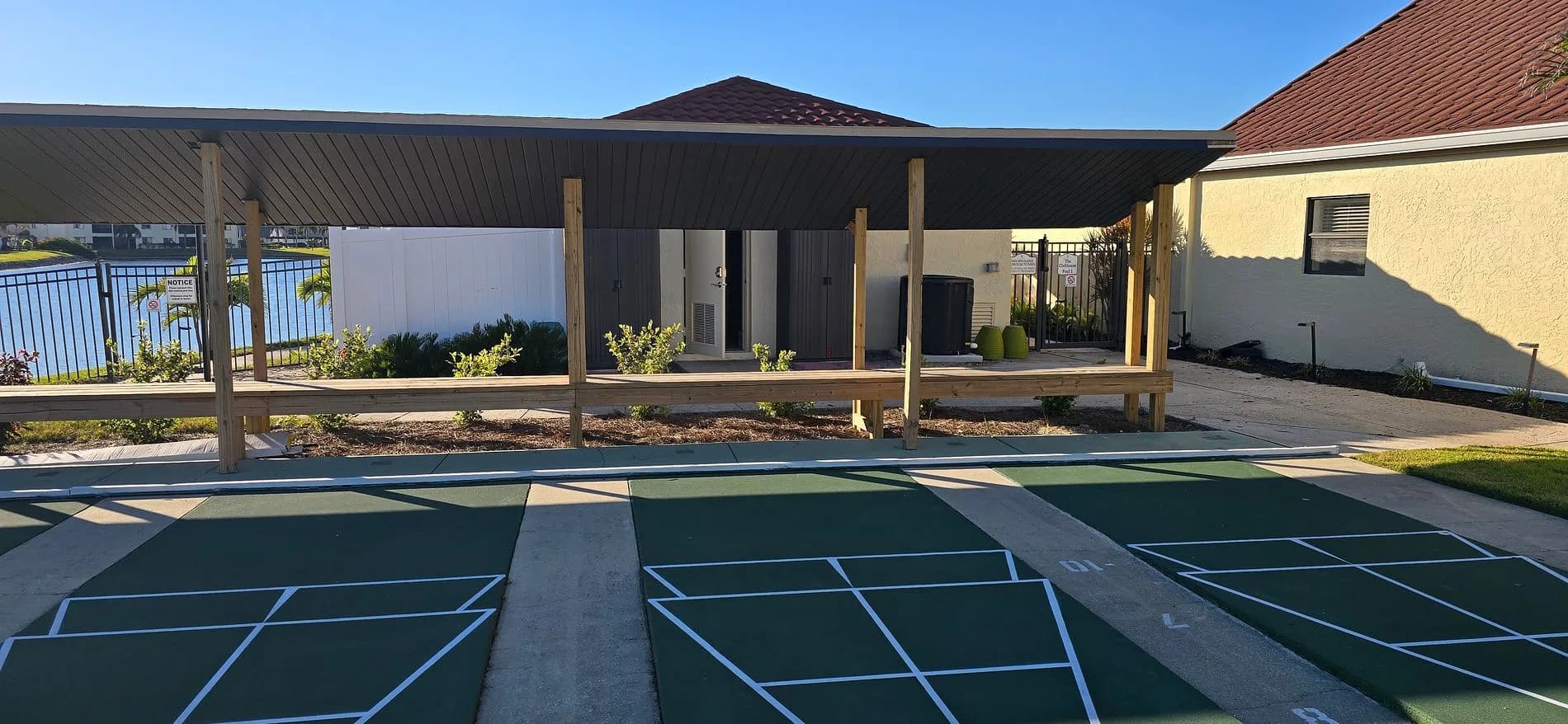 Completed covered shuffleboard courts at Cinnamon Cove in Fort Myers
